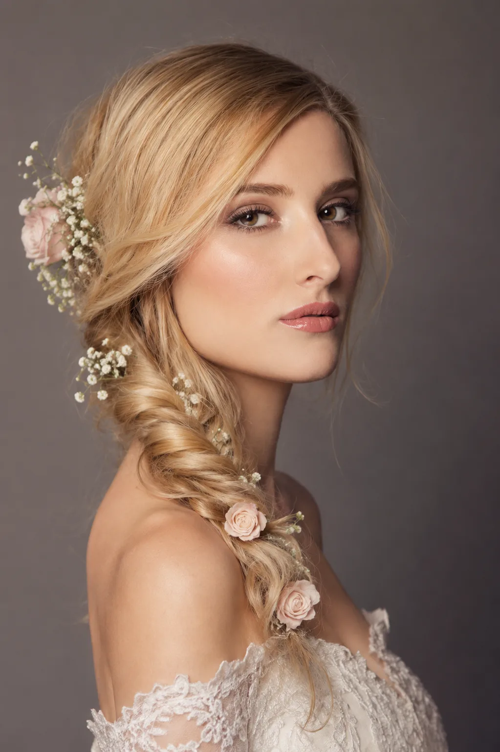 Romantic wedding hairstyle with delicate make-up of the bride.
